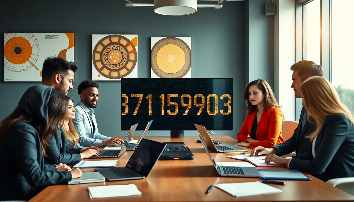 professionals discussing the significance of a number in a modern office.